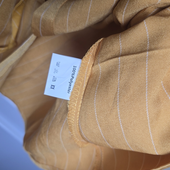 Golden Mustard 3/4 Sleeve Dress Cinch Waist Striped Midi - Picture 4 of 5